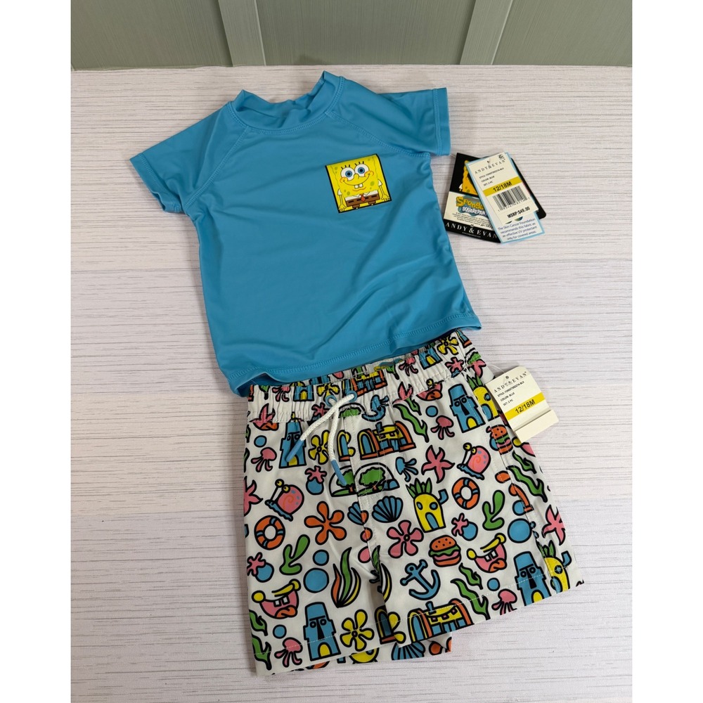 Andy & Evan SpongeBob SquarePants Rash Guard Swim Trunks Set Blue 12/18M NEW